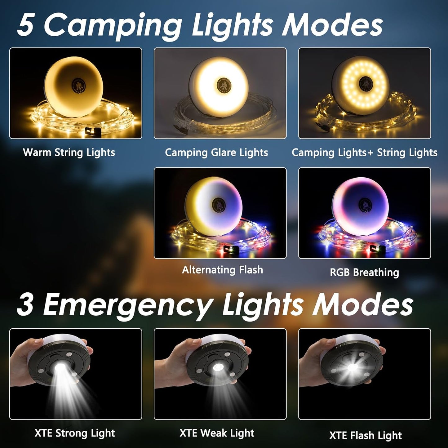 Camping String Lights 2-Pack - 32.8FT Waterproof LED Lanterns with 8 Modes for Tent & Outdoor Use