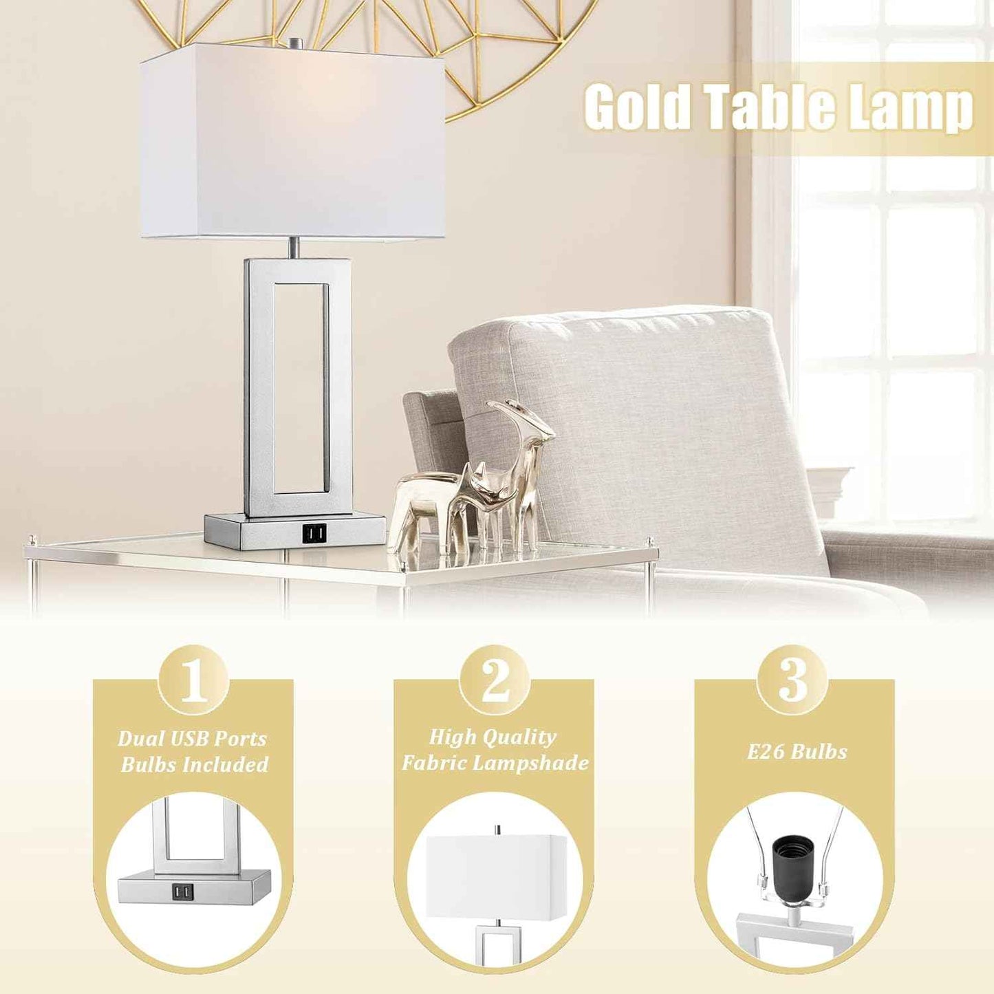 Gold Table Lamps Set of 2 - 3-Way Dimmable Touch Control with USB Ports, 22” Modern Design for Bedroom & Living Room
