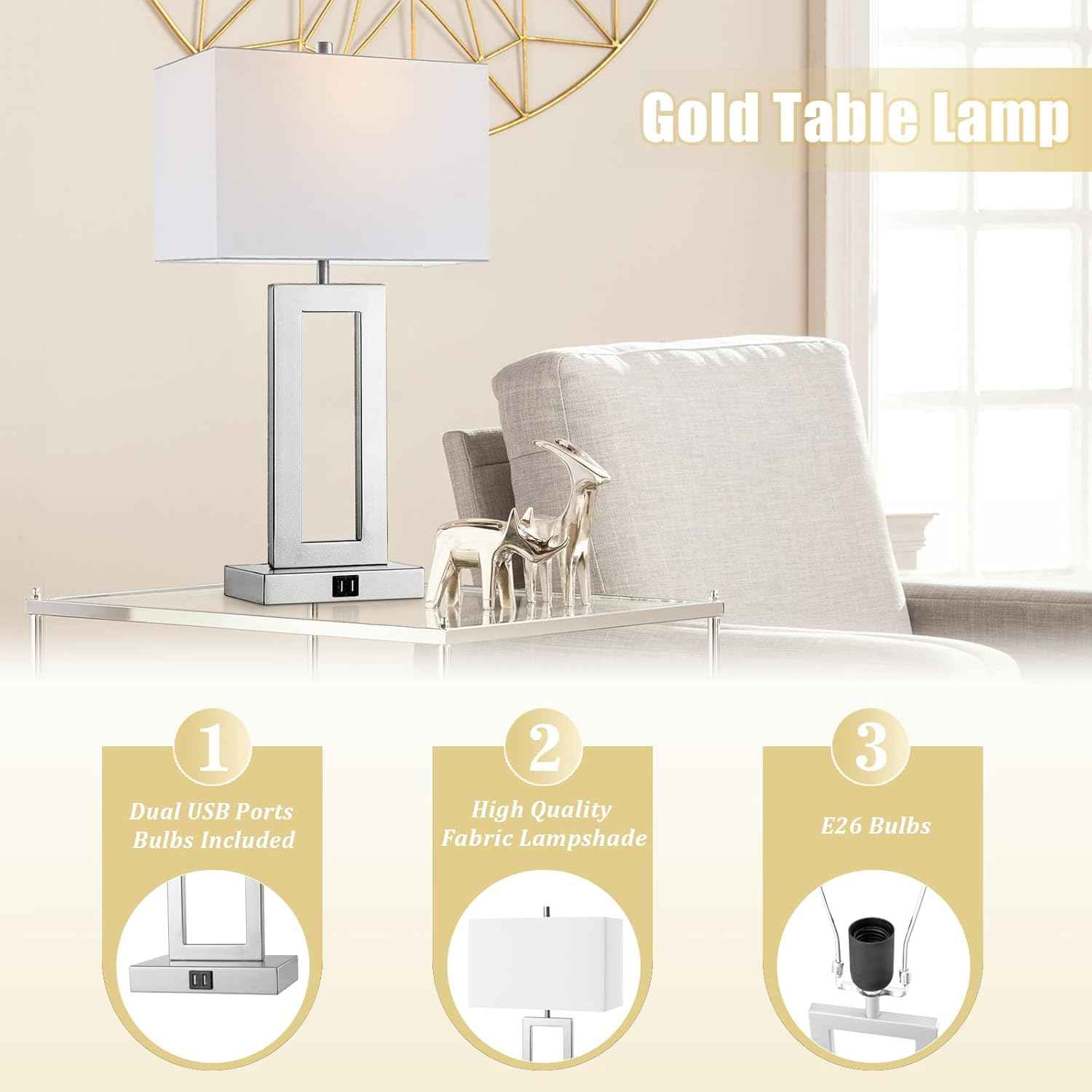 Gold Table Lamps Set of 2 - 3-Way Dimmable Touch Control with USB Ports, 22” Modern Design for Bedroom & Living Room