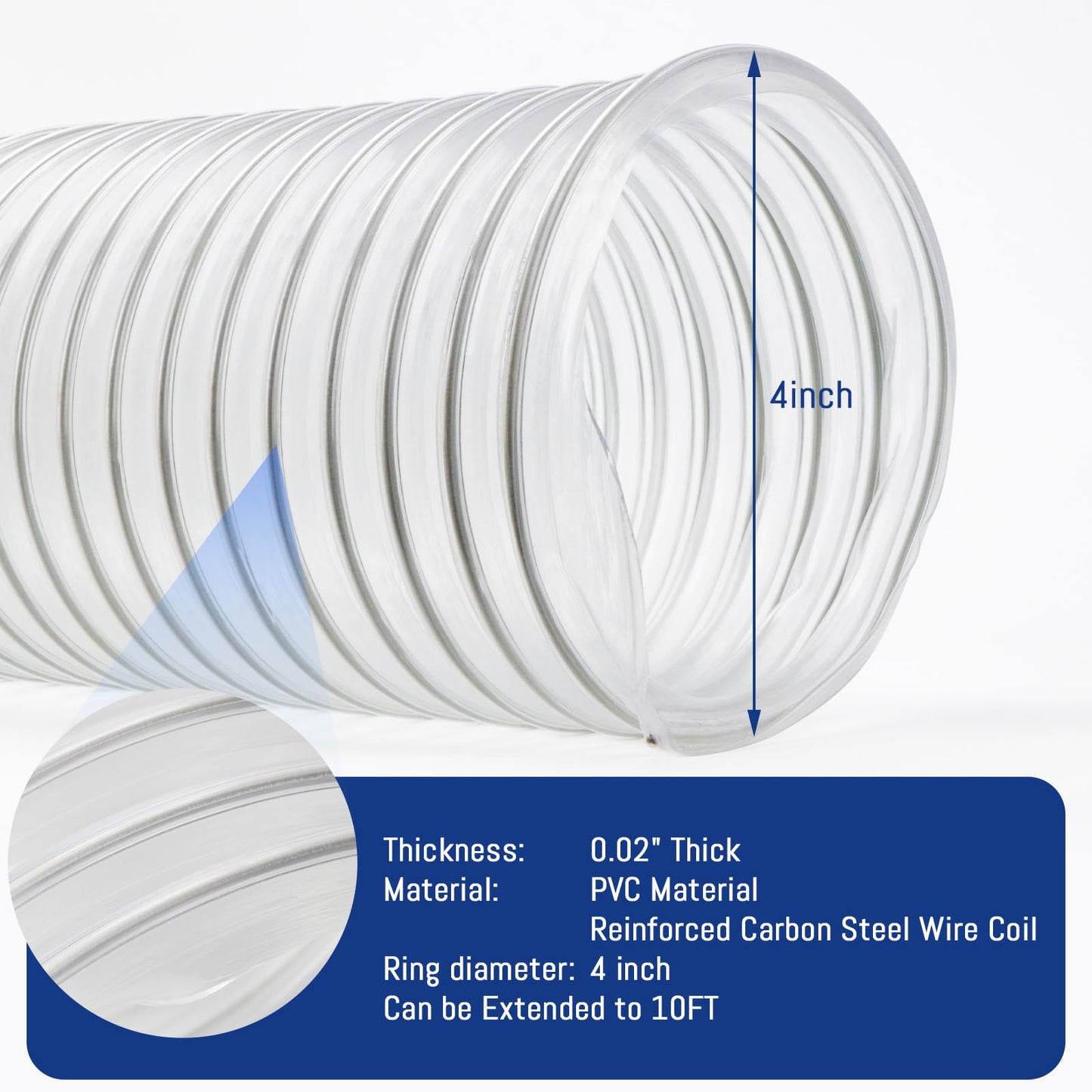 ODDMUCK 4" x 10' PVC Dust Collection Hose Clear Flexible Fume Debris Vacuum Collection Hose with 4 Clamps for Woodworking Dust Collection Systems
