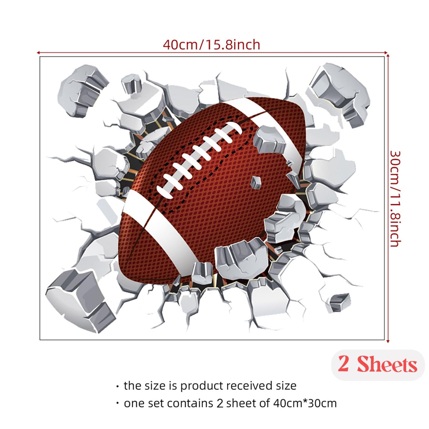 2 Sheets Rugby Breakthrough Wall Decals - American Football Sports Art Stickers for Kids Room Decor, Boys Bedroom, Football Lovers & Players - Easy Peel & Stick Wall Art