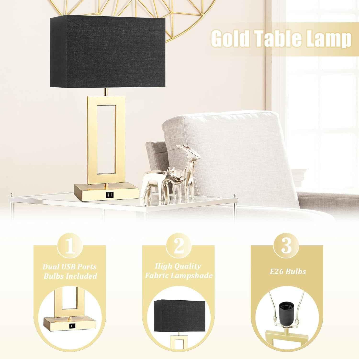 Gold Table Lamps Set of 2 - 3-Way Dimmable Touch Control with USB Ports, 22” Modern Design for Bedroom & Living Room