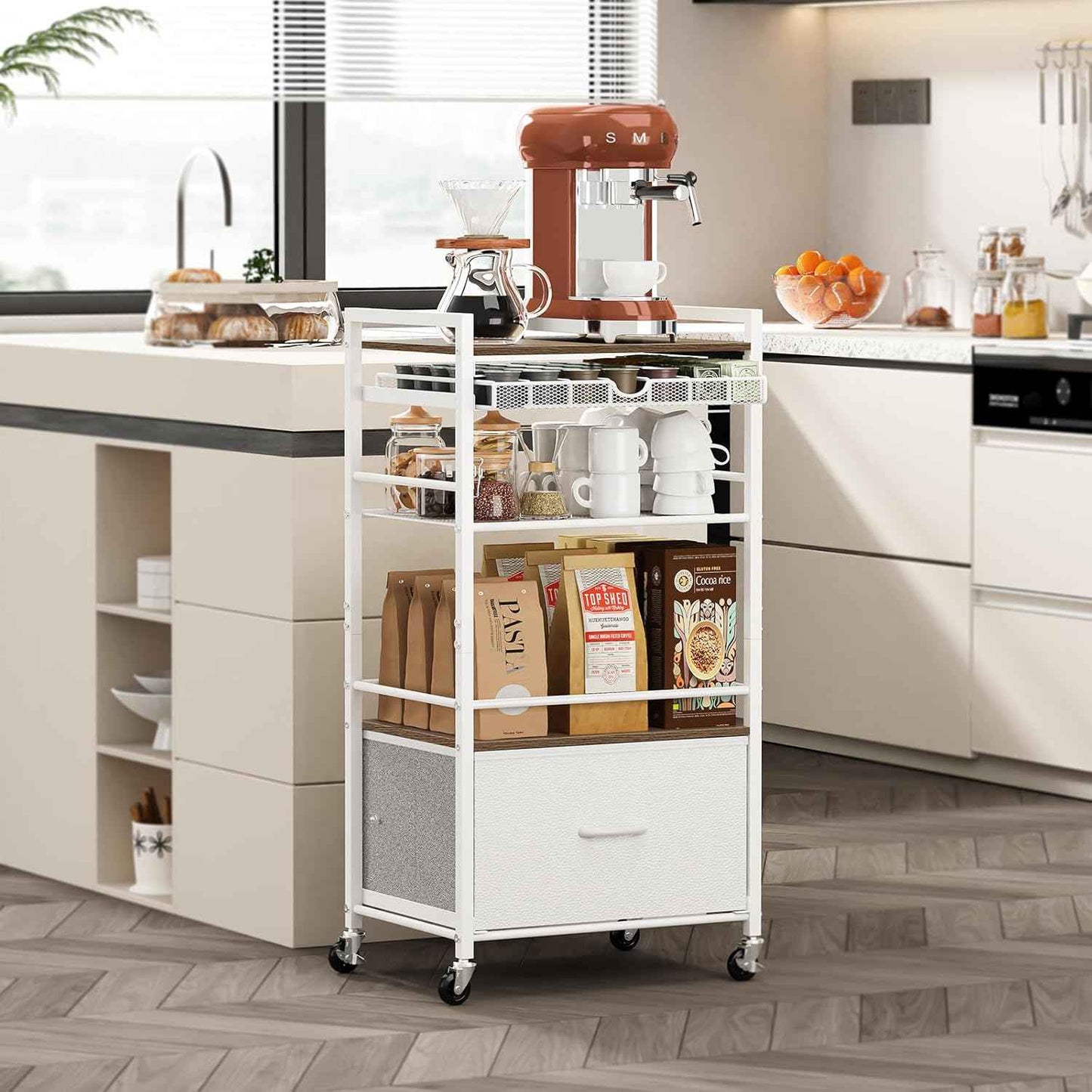 Modern White Coffee Bar Cabinet on Wheels - 5-Tier Storage Station with Drawer for Home Kitchen & Liquor Buffet
