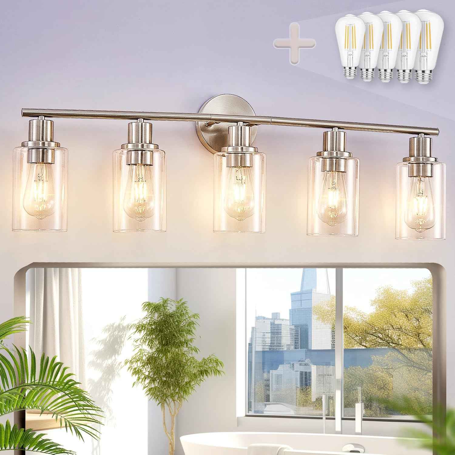 Modern Black 3-Light Bathroom Vanity Light Fixture with Clear Glass Shades - 2 Pack