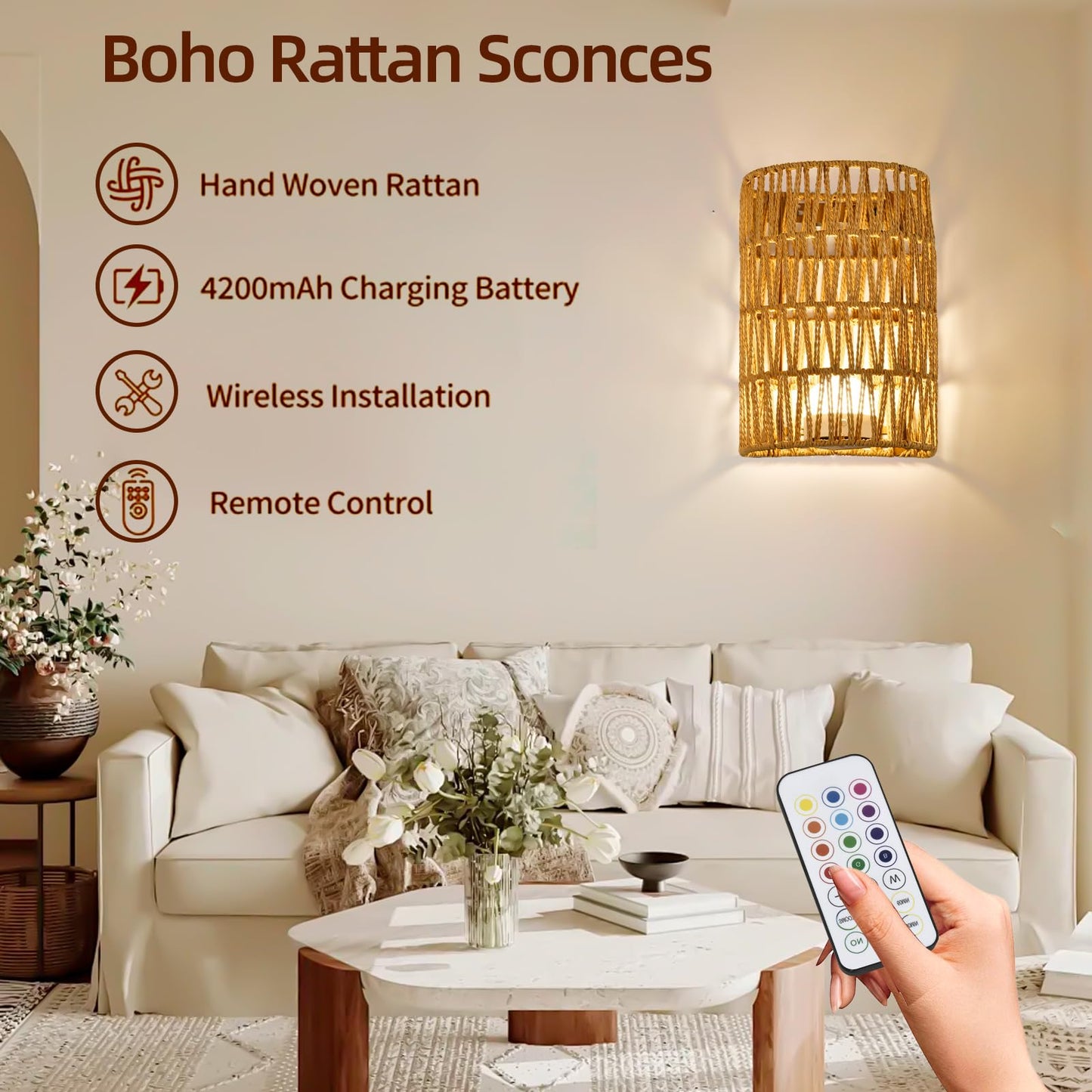 Battery Operated Wall Sconce Set of Two, Rattan rechargeable Wall Sconces Set of 2, Boho Battery Wall lights with Remote, Wireless Wall lamp for Bedroom,Living Room, Entryway 15 Colors Dimmable