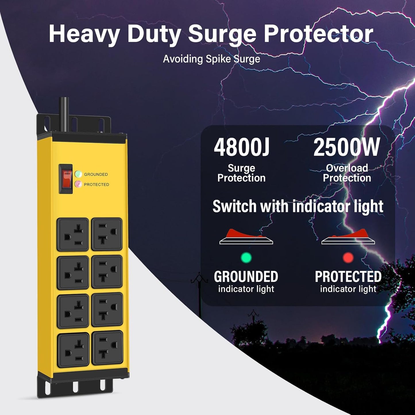 Heavy Duty 20 Amp Surge Protector Power Strip with 8 Outlets, 6FT Wall Mount - Yellow