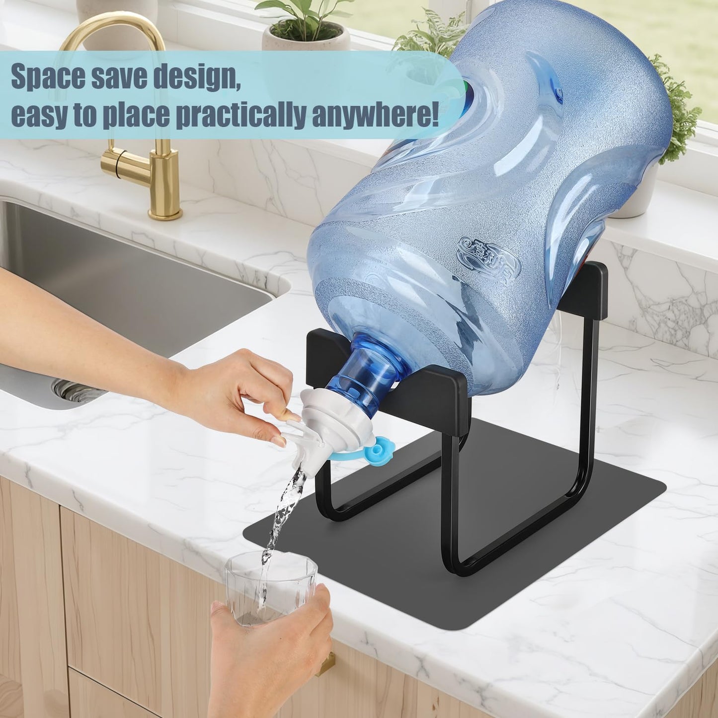 Stainless Steel 3-5 Gallon Water Jug Stand and 2 Dispenser Valves, Rust-Resistant Non Slip Water Stand with BPA Free Fast Flow Water Spout Fits Both 52mm and 55mm Bottles 2 CAPS Included