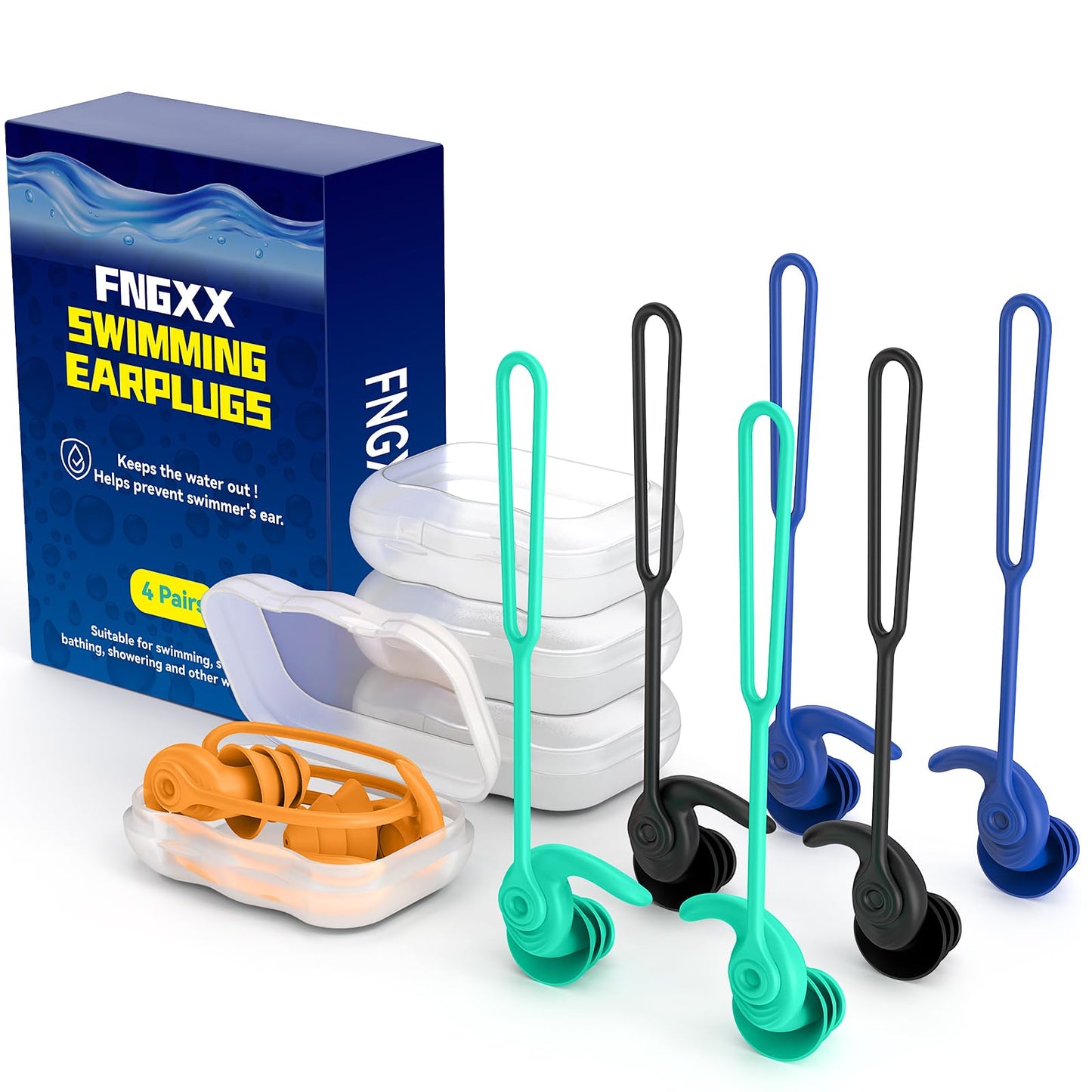 Swimming Ear Plugs for Adults, 4 Pairs Waterproof Reusable Silicone Swim Earplugs with Removable Cord, Perfect for Swimming, Showering, Surfing and Other Water Sports - Two Wearing Styles
