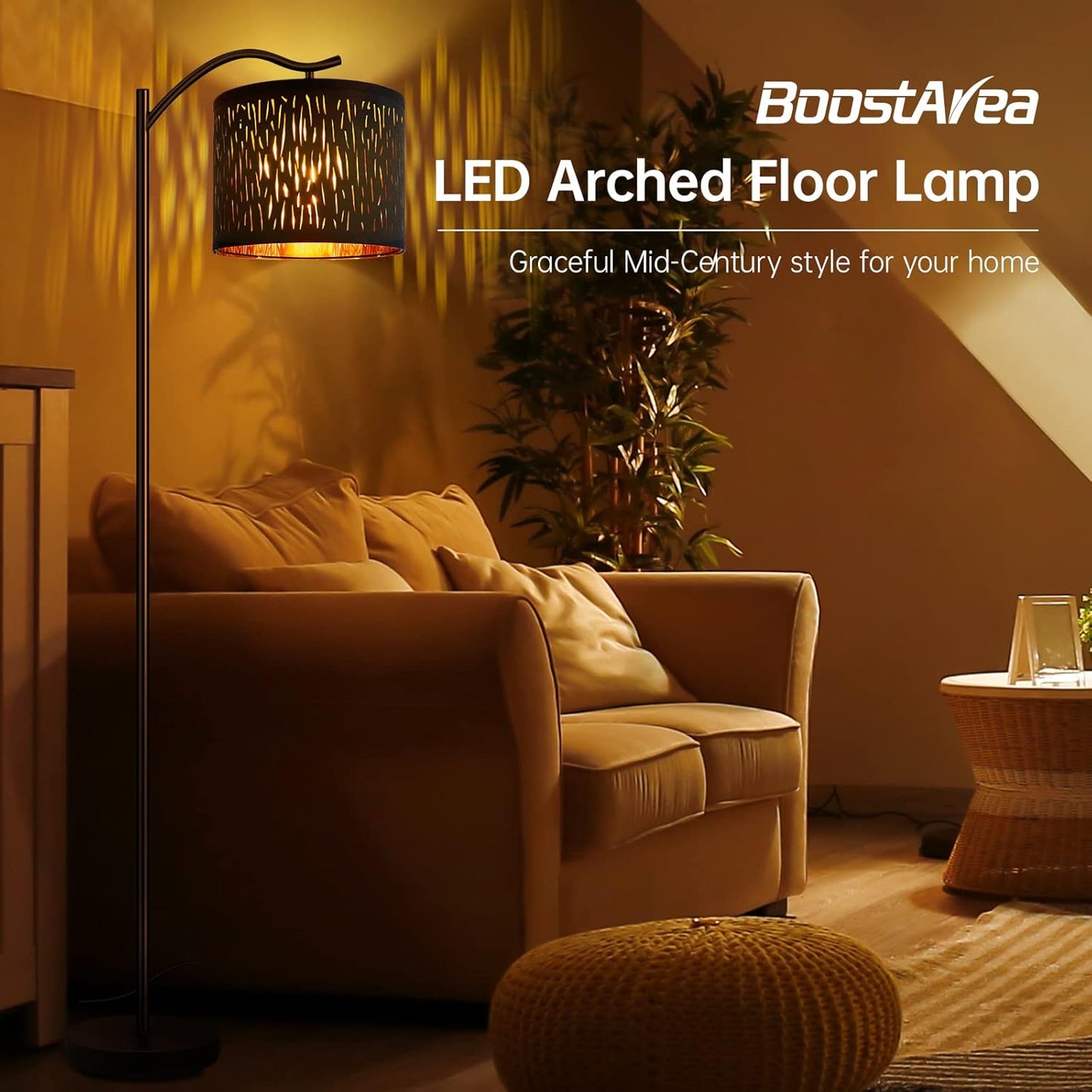 Modern LED Floor Lamp with Bohemian Linen Shade – Arched Tall Standing Light for Living Room & Bedroom