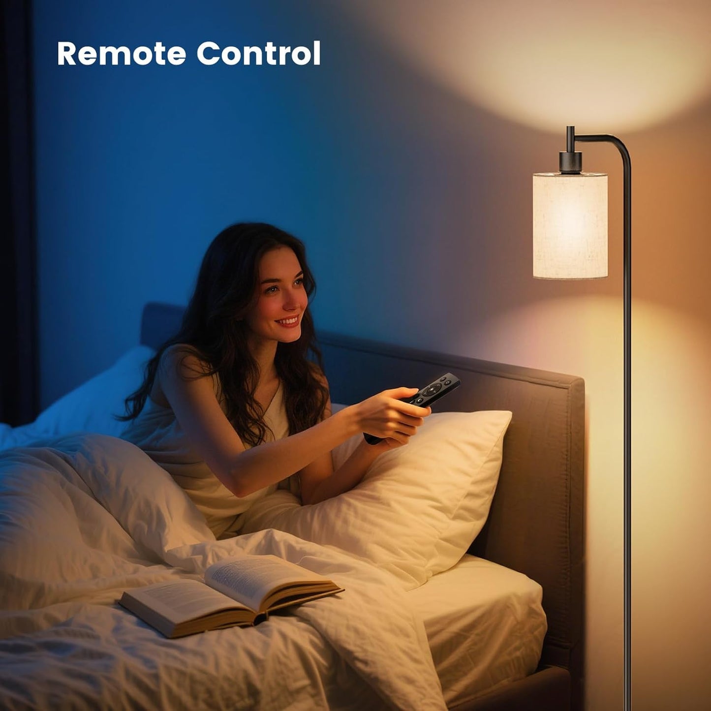 Dimmable Floor Lamp with Linen Shade & Remote Control - Modern 9W LED Standing Lamp for Living Room, Bedroom, Office