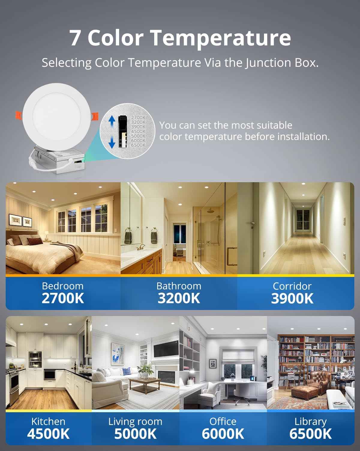 10W Dimmable 5-Inch LED Recessed Ceiling Light - Ultra Thin Canless Downlight, 800LM, 7CCT, Damp-Rated for Kitchen & Bathroom, 8 Pack