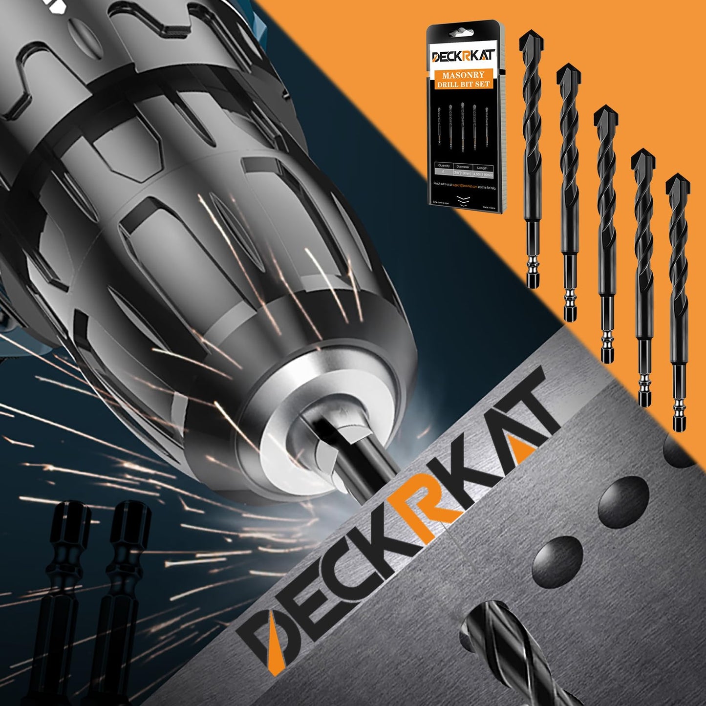 DECKRKAT 6-Piece Black Masonry Drill Bit Set for Concrete, Brick, Tile - Carbide Tipped, Quick Change 1/4" Hex Shank (5/32",3/16",1/4",5/16",3/8",1/2") w/Storage Case