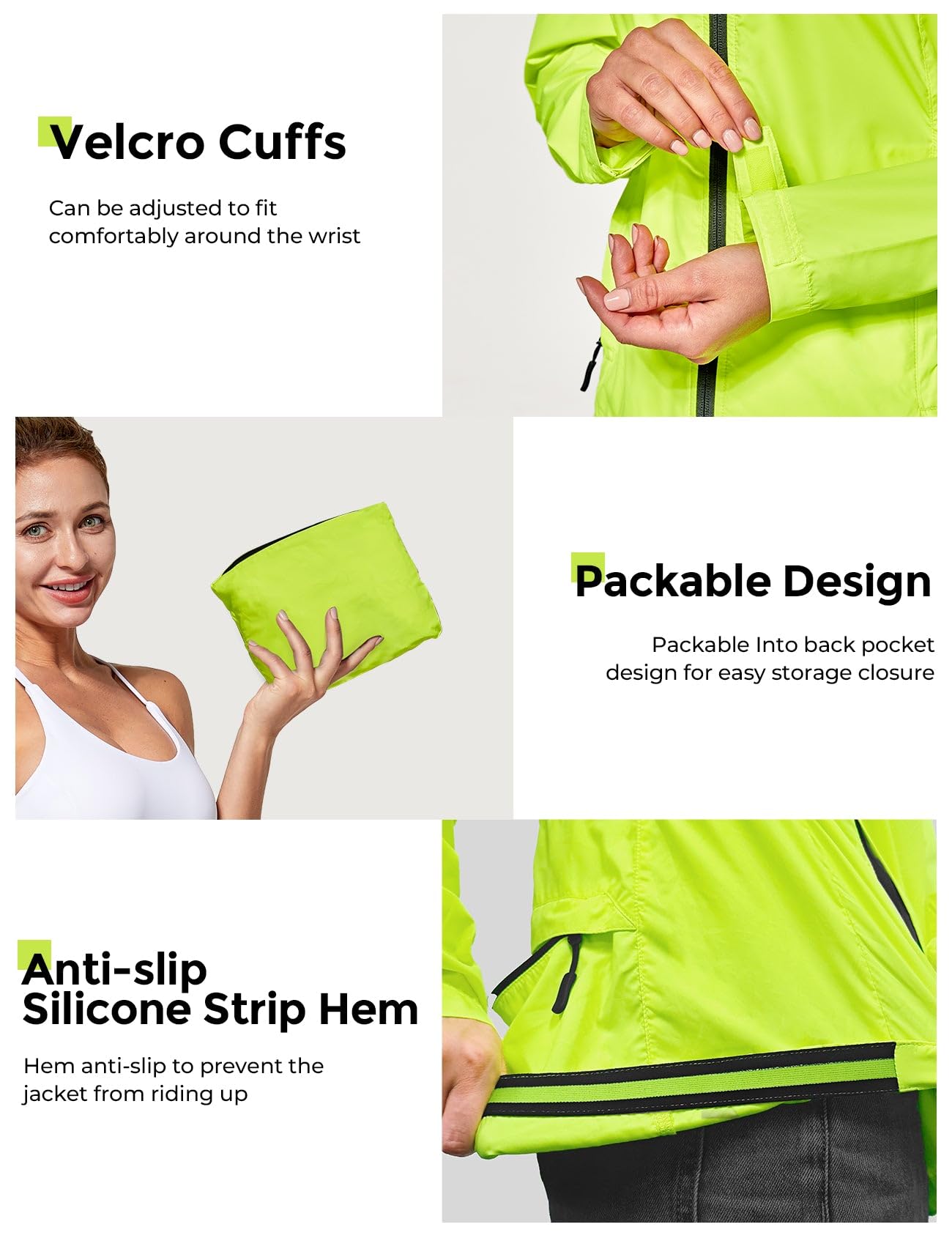 FitsT4 Sports Women's Cycling Running Jackets Lightweight Windproof Bike Windbreaker Reflective with Hood Fluorescent Yellow Size L