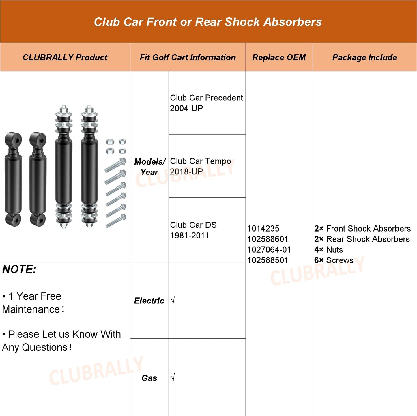 CLUBRALLY Front or Rear Shock Absorbers for Club Car Precedent&Tempo and DS 1014235 102588601 1027064-01 102588501
