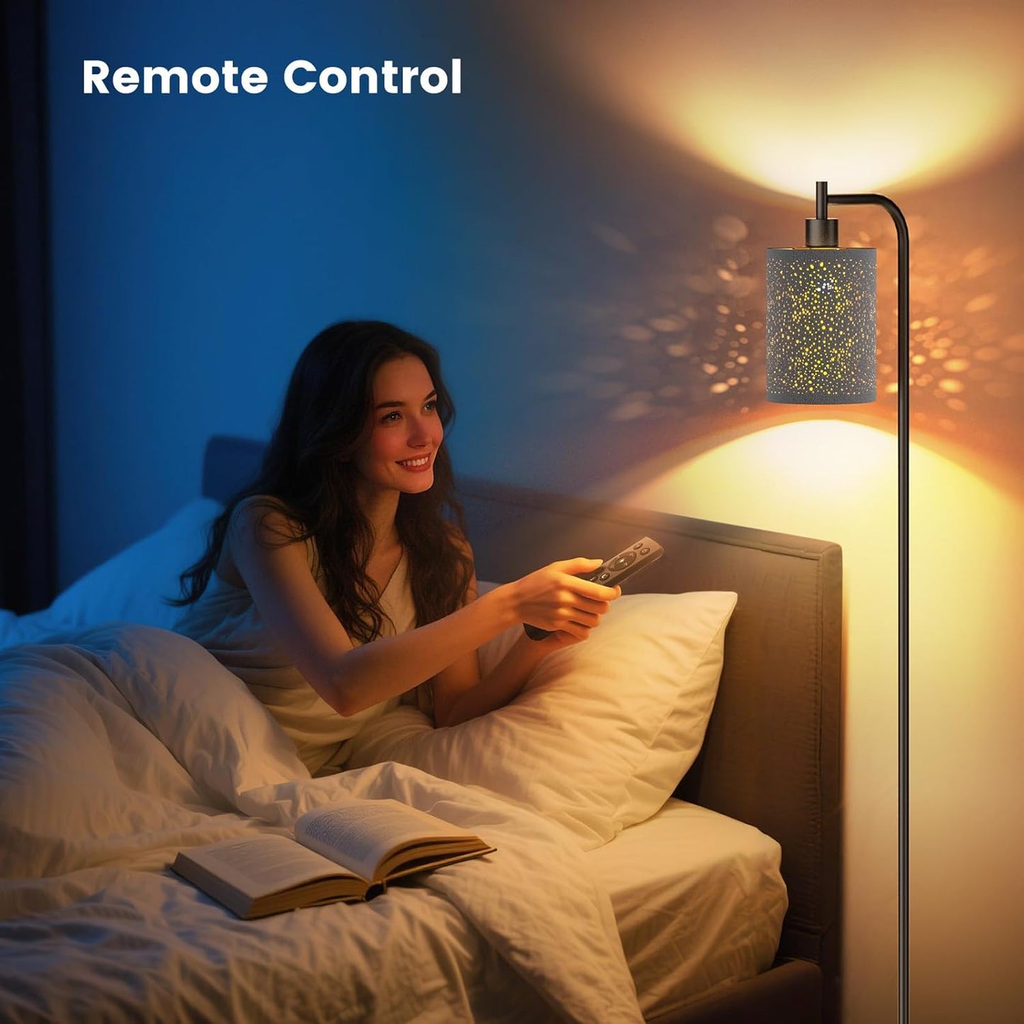 Dimmable Floor Lamp with Linen Shade & Remote Control - Modern 9W LED Standing Lamp for Living Room, Bedroom, Office