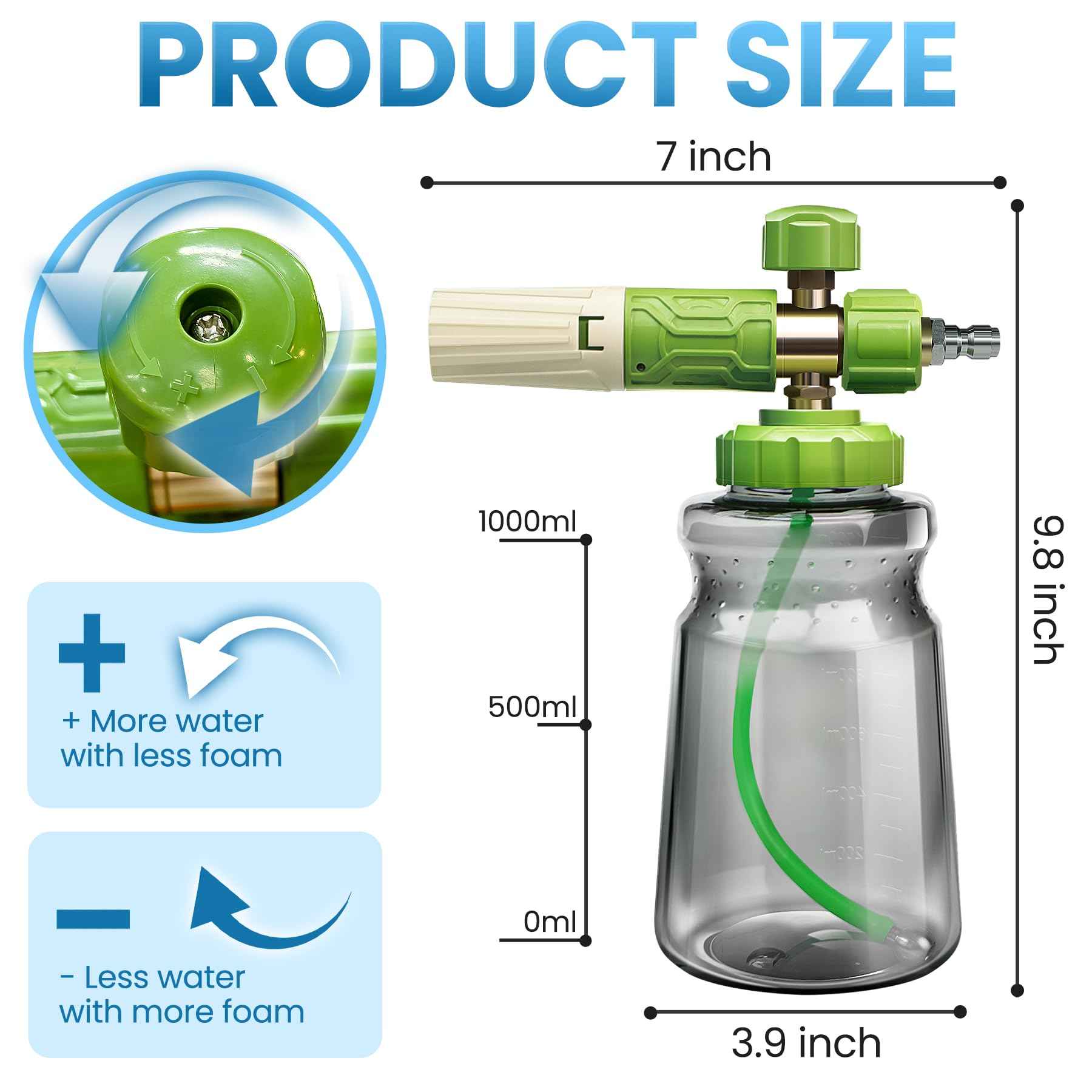 LanAqua Foam Cannon for Pressure Washer, Upgraded Wide Mouth Snow Foam Cannon for Car Wash, Adjustable Thick Portable Car Wash Sprayer with 1/4" Quick Connector, Additional 1.1 mm Orifice Nozzle
