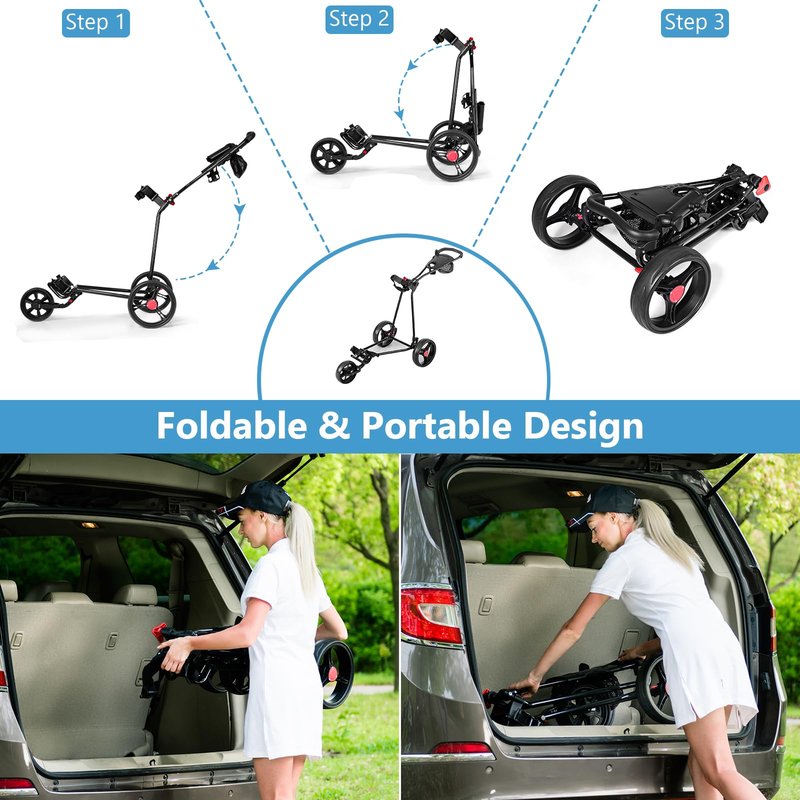 Tangkula Golf Push Cart, Lightweight Collapsible Golf Pull Cart, 3 Wheels Golf Trolley with Foot Brake Umbrella Holder & Cup Holder, Adjustable Handle and Storage Bag