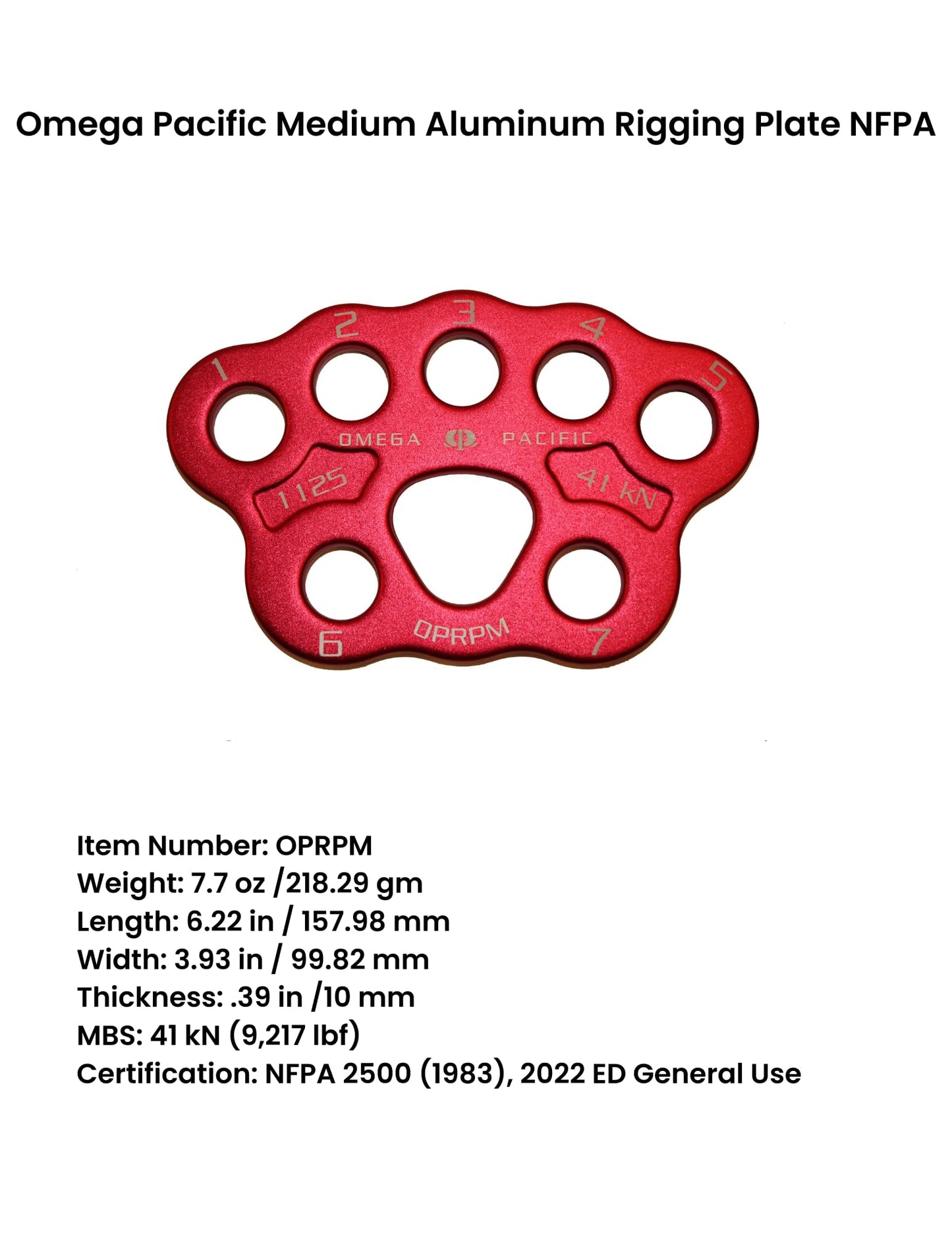 Omega Pacific 7 Hole Medium Rigging Plate - Firefighting and Climbing Equipment, Multi-Point Bear Paw Design, 40 kN, 6.22 x 3.93 inches - Certification: NFPA 2500 (1983), 2022 ED General Use