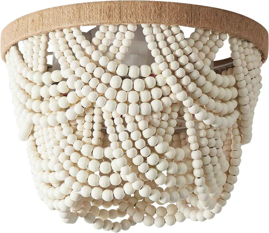 2-Tier White Boho Mini Chandelier - Wood Beaded Flush Mount Ceiling Light for Bedroom, Hallway, Nursery & More
