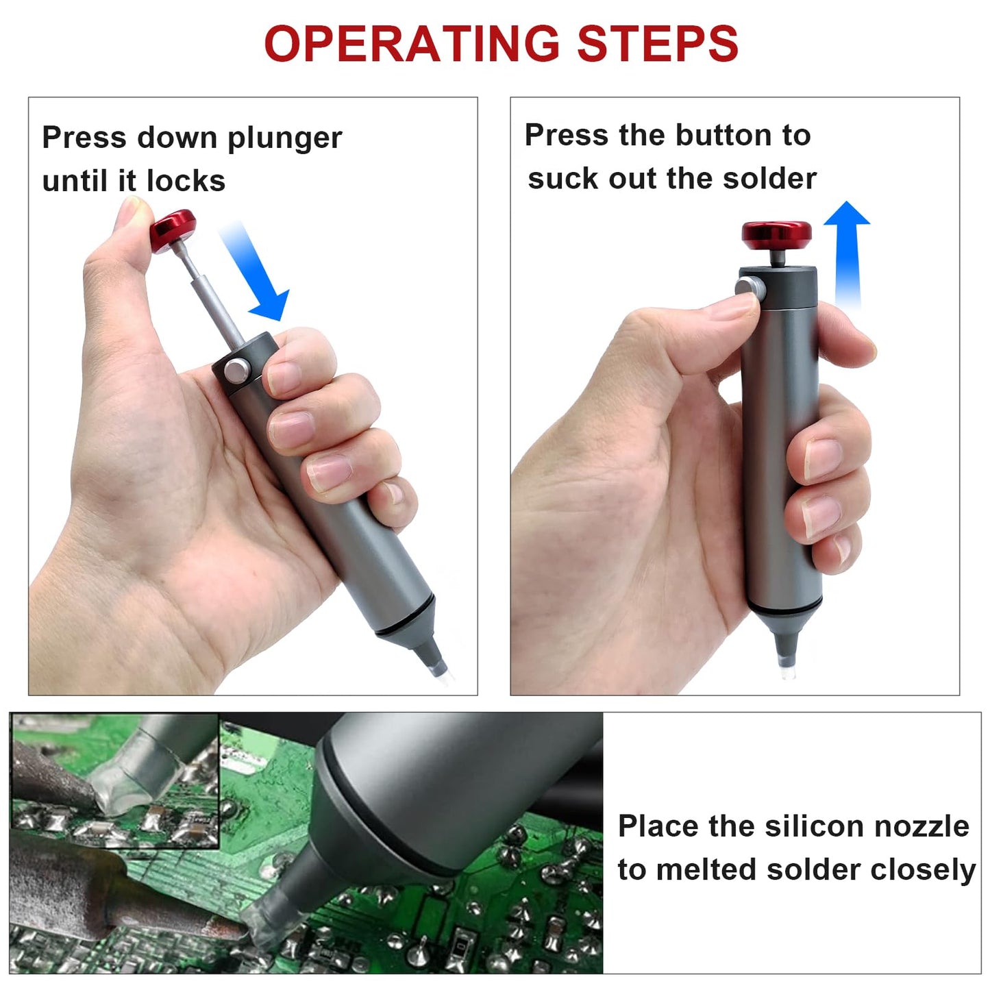 SILADKN Desoldering Tool for Engineer, 30hg-cm Strong Suction Metal Soldering Iron Solder Sucker, Manual Vacuum Suction Soldering with 50mm Silicone Nozzle for Integrated Circuit Board Repair 1PCS