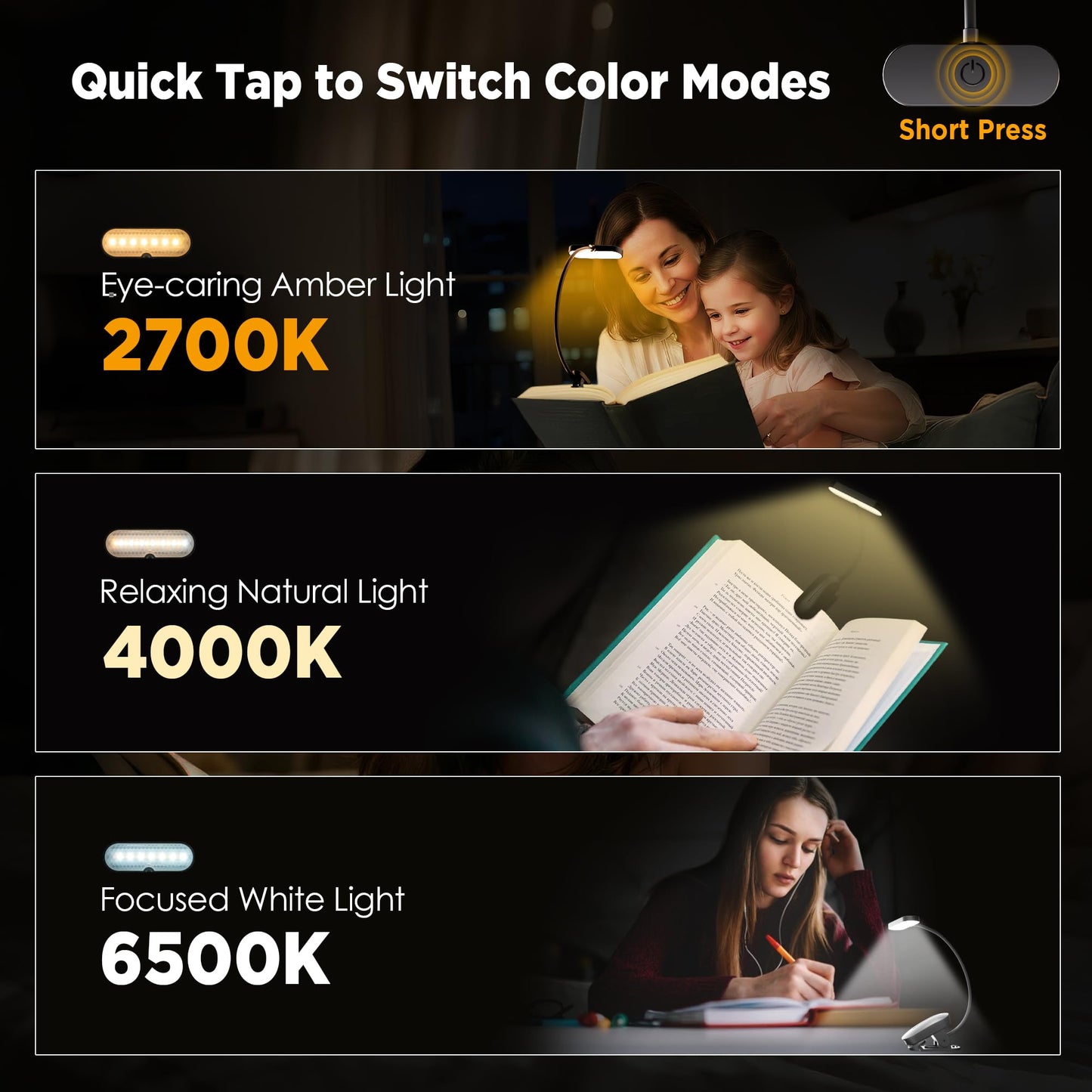 Book Light for Reading at Night - 3 Color Modes & 70 Hours Runtime Reading light for books in bed, Rechargeable LED Book Light Clip On with Flexible Neck, Eye-Care, Gift for Book Lovers, Matte Black