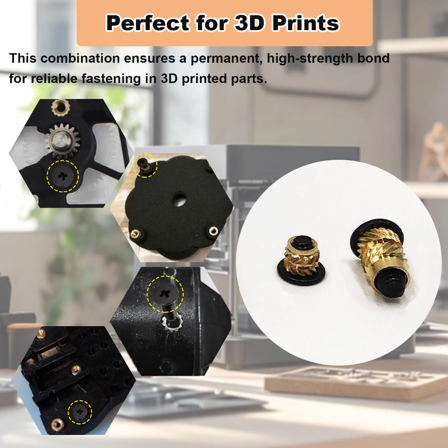 QSJ 200Pcs Threaded Insert Bolt Assortment kit 100Pcs M3 M4 Brass Heat Set Insert, 100Pcs M3 M4 Stainless Steel Black Bolt for Industrial 3D Printing Projects