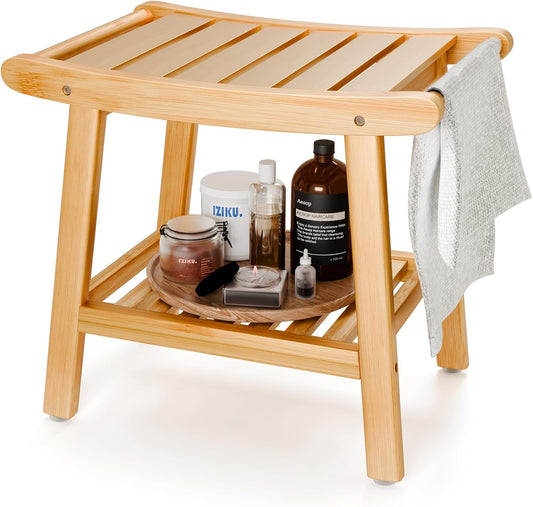 Bamboo Shower Bench with Storage Shelf - Waterproof Spa Stool for Seniors & Disabled