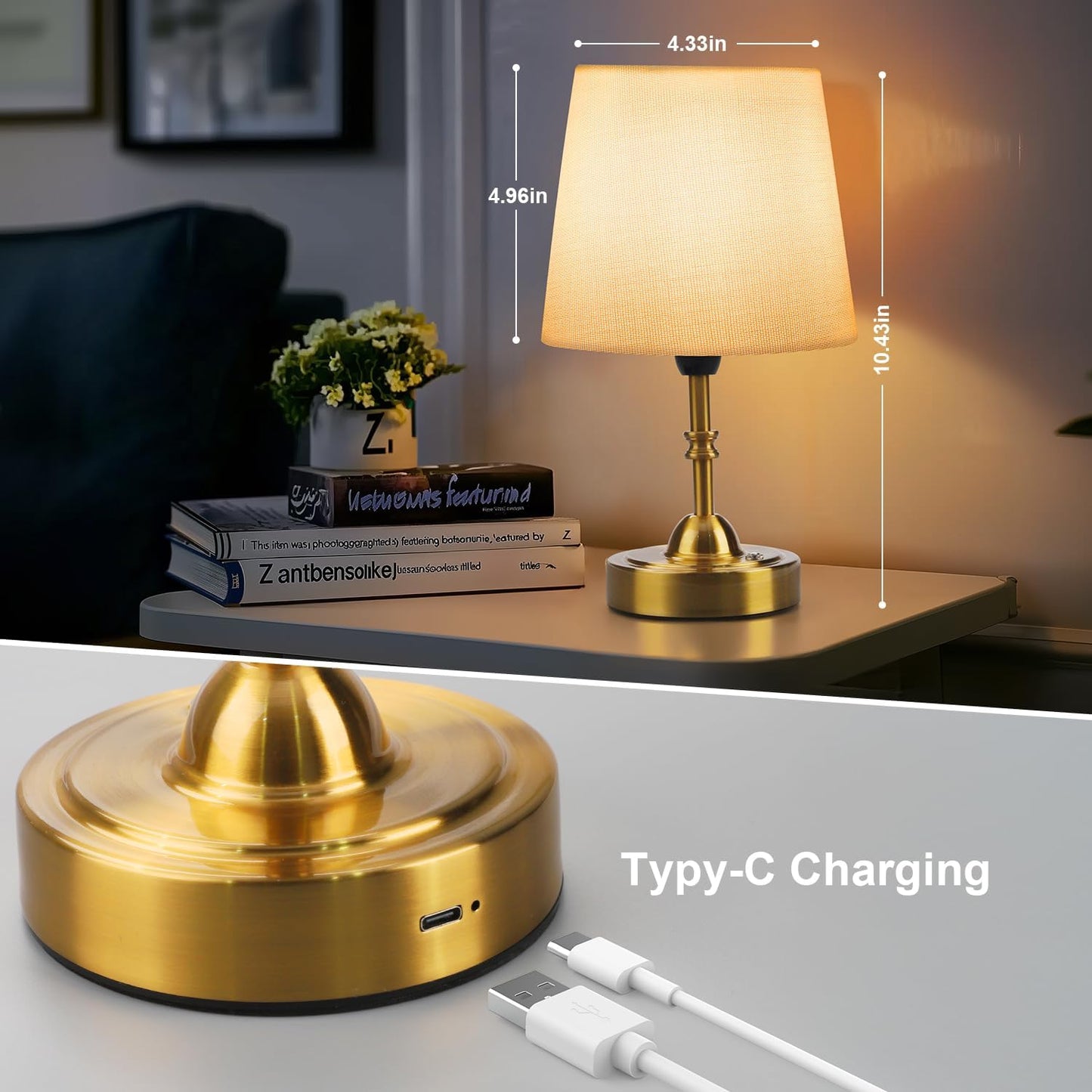 Rechargeable Cordless Touch Table Lamp - 5000mAh Battery, 3-Level Dimmable, Portable Brass Night Light for Home & Patio