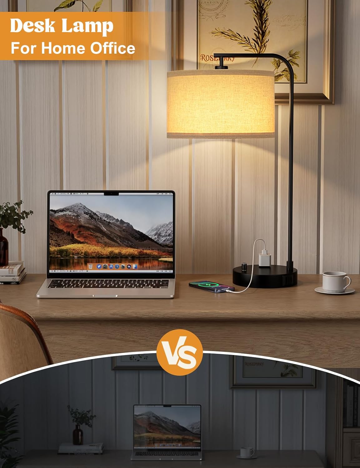 Dimmable Tall Table Lamp with USB Port & Outlet - Linen Shade Bedside Desk Lamp for Bedroom, Living Room, Home Office