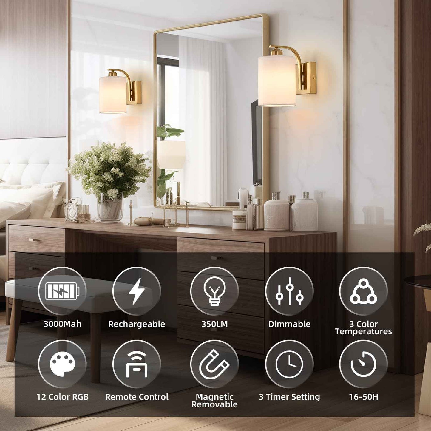 Battery Operated Wall Sconce Set of 2,Gold Rechargeable Wall Lights with Remote Control,15 Colours Wireless Wall Sconce with 3000mAh Dimmable Detachable Bulb for Bedroom, Living Room and Hallway