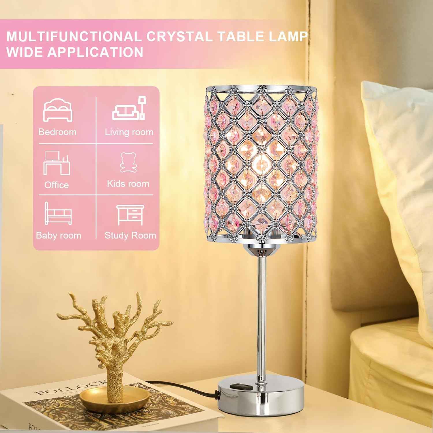 Dimmable Touch Control Crystal Table Lamp Set of 2 with USB-C & AC Ports - Elegant Nightstand Lighting for Bedroom & Living Room