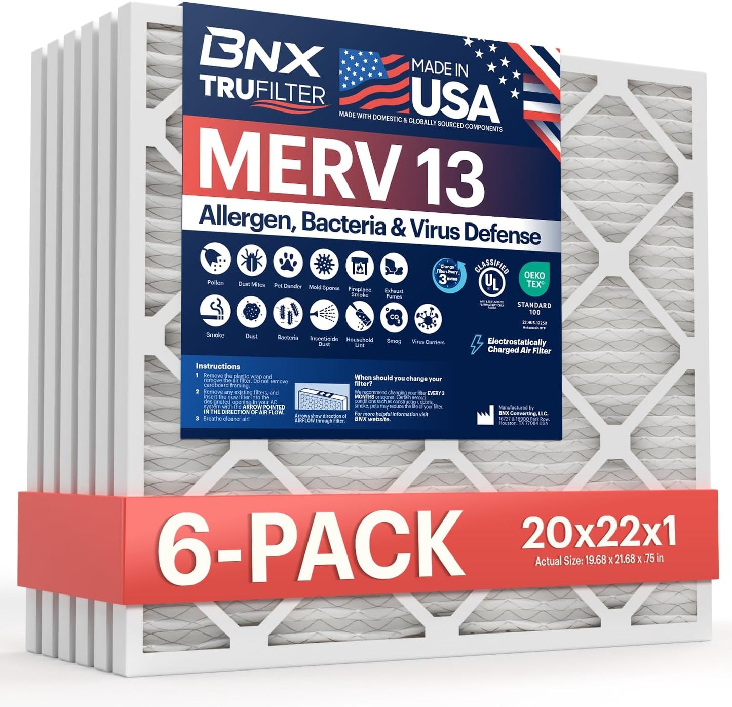 BNX TruFilter 12x12x1 MERV 8 Air Filters (6-Pack) - USA-Made Dust & Pet Defense for HVAC