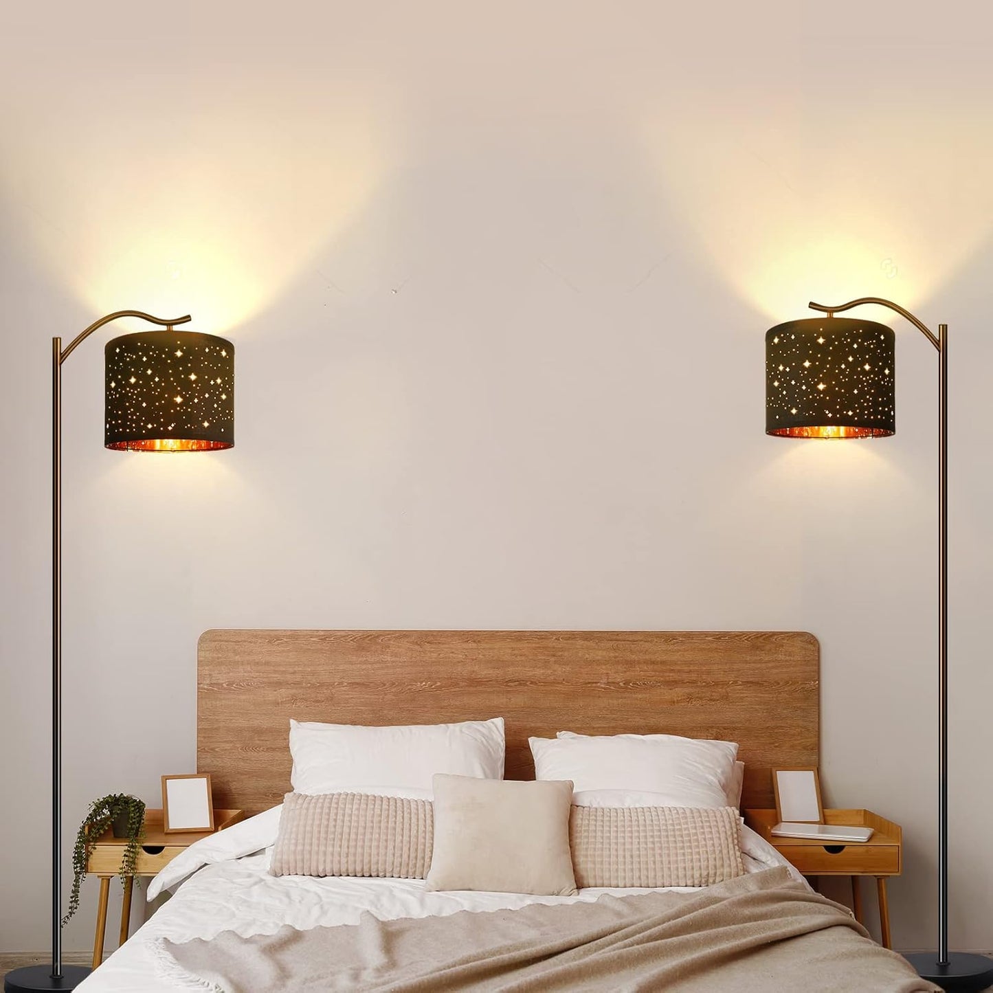 Modern LED Floor Lamp with Bohemian Linen Shade – Arched Tall Standing Light for Living Room & Bedroom