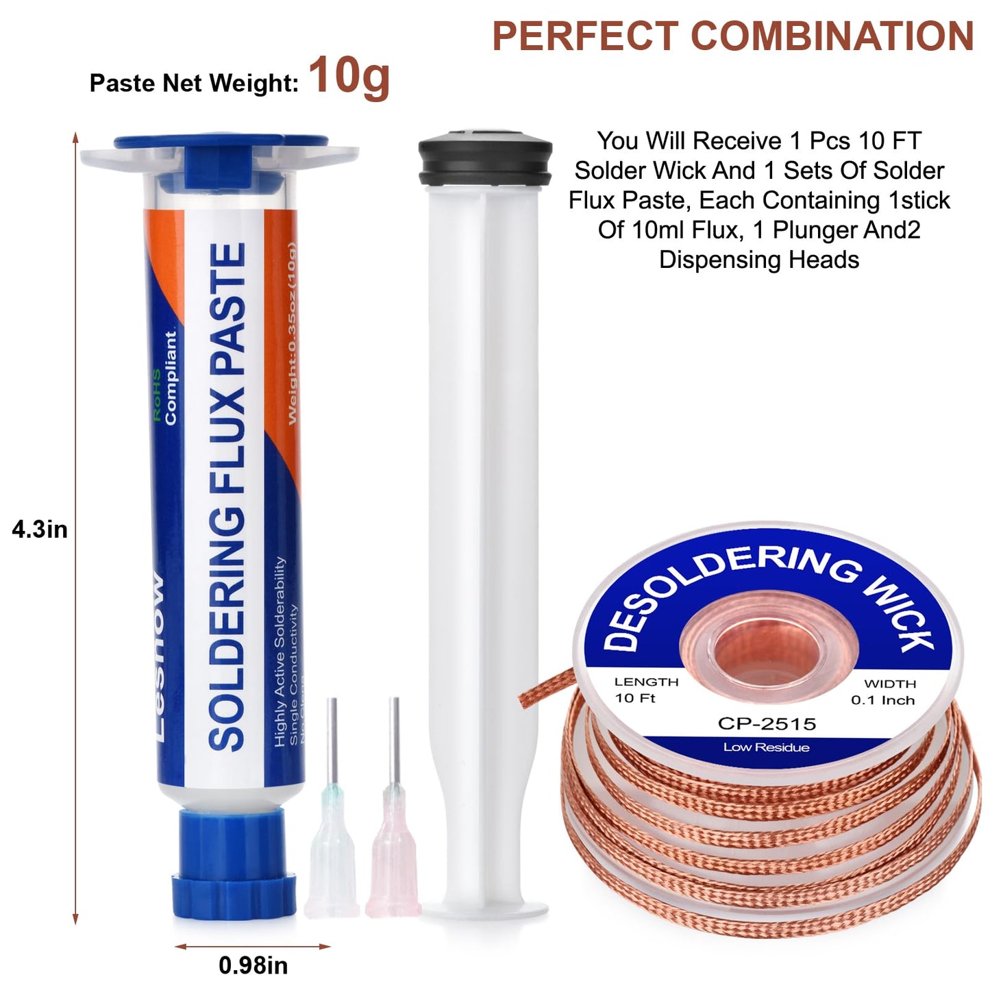 Lesnow Solder Flux Paste And Solder Wick Braid, No Clean Soldering Flux(10cc) Soldering Remover Tool, 10ft Desoldering Wick Braid For Electronics Repair For Disassemble Electrical Components