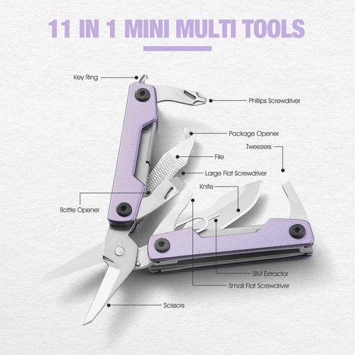 Multitool with Pocket Knife,Gifts for Men and Women, 11-in-1 Mini EDC Multitool with Screwdriver, Scissors, SIM Extractor and Bottle Opener, Perfect for Outdoor, Hiking, Simple Repair (Purple)