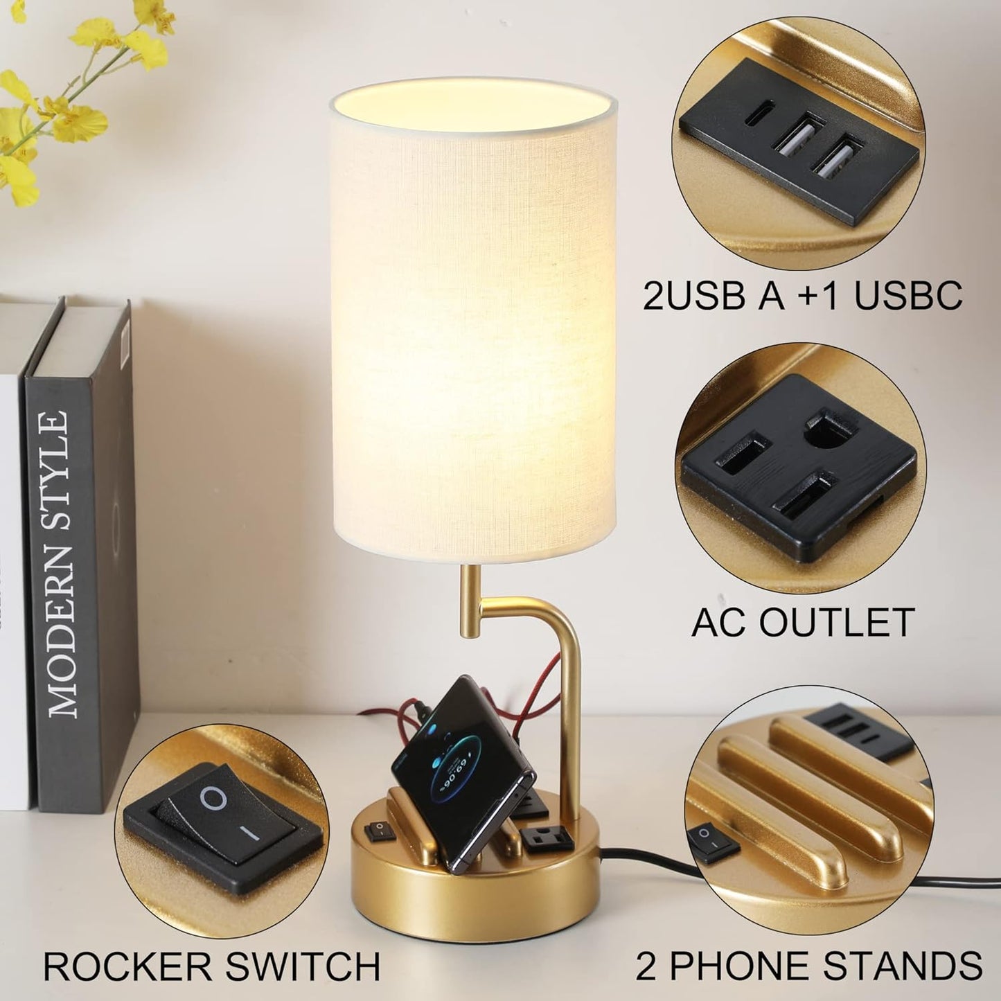 Modern Table Lamp with 3 USB Ports & AC Outlet - Set of 2 Bedside Desk Lamps in Silver