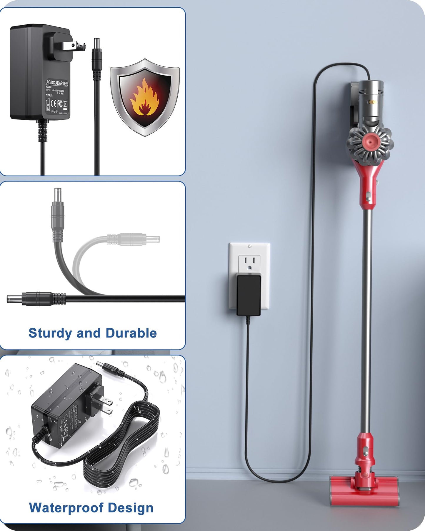 for PRETTYCARE Cordless Vacuum Cleaner Charger Compatible with SPRETTYCARE W100 W200 W300 W400 20KPa 22.2V 180W Power Cord with 5.9FT Power Cord