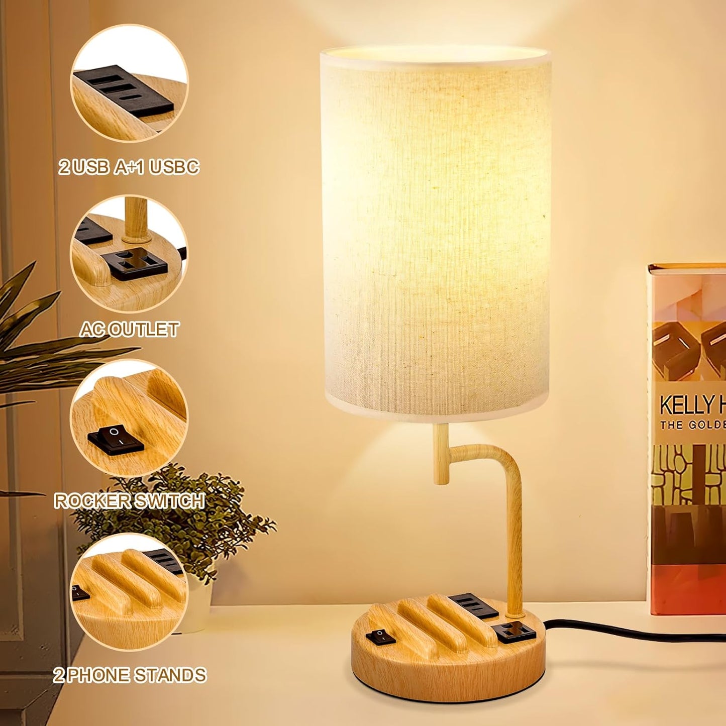 Modern Table Lamp with 3 USB Ports & AC Outlet - Set of 2 Bedside Desk Lamps in Silver