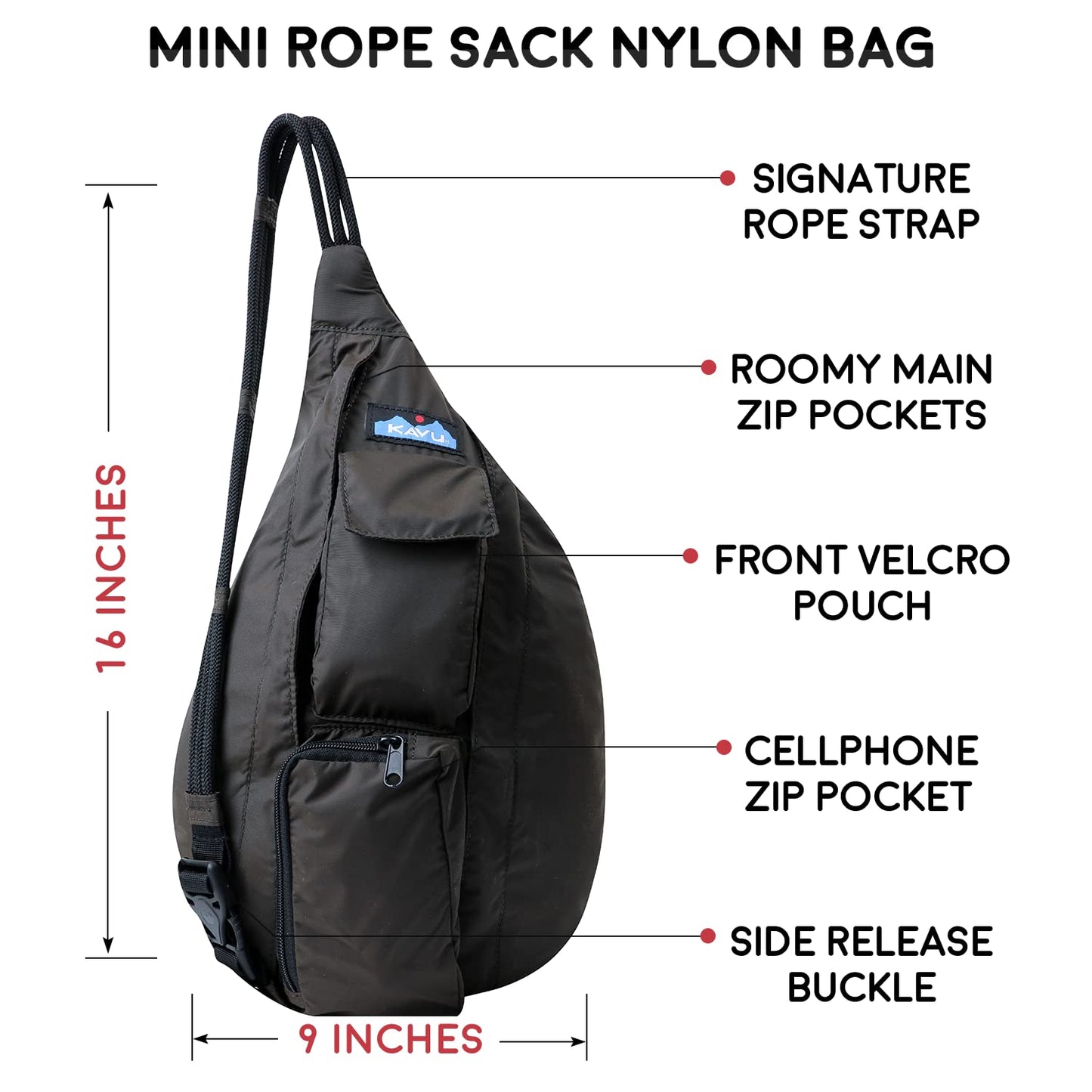 KAVU Mini Rope Sack Sling Crossbody Backpack, Blackout