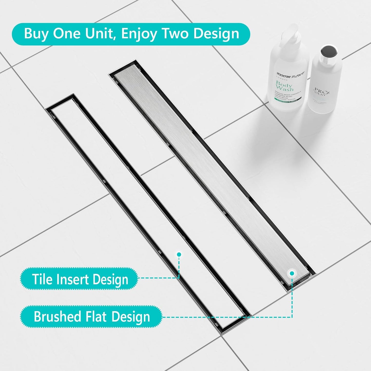 Neodrain 18-Inch Gold Linear Shower Drain - Brushed Brass, Tile Insert Cover & Hair Strainer