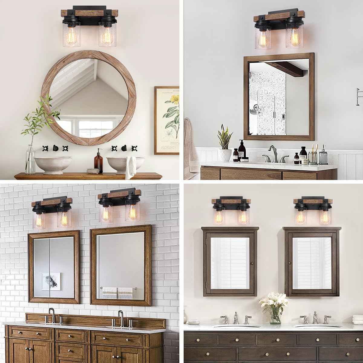 Farmhouse 2-Light Vanity Lights for Bathroom - Rustic Black Wood & Glass Sconces
