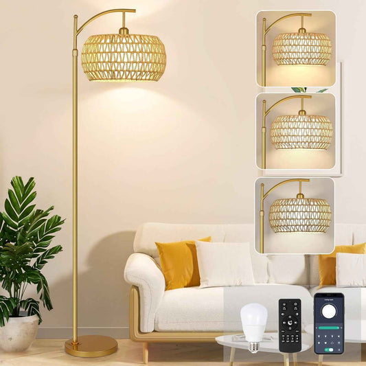 Boho Gold Floor Lamp with Remote Control | Dimmable Rattan & Wicker Design for Living Room