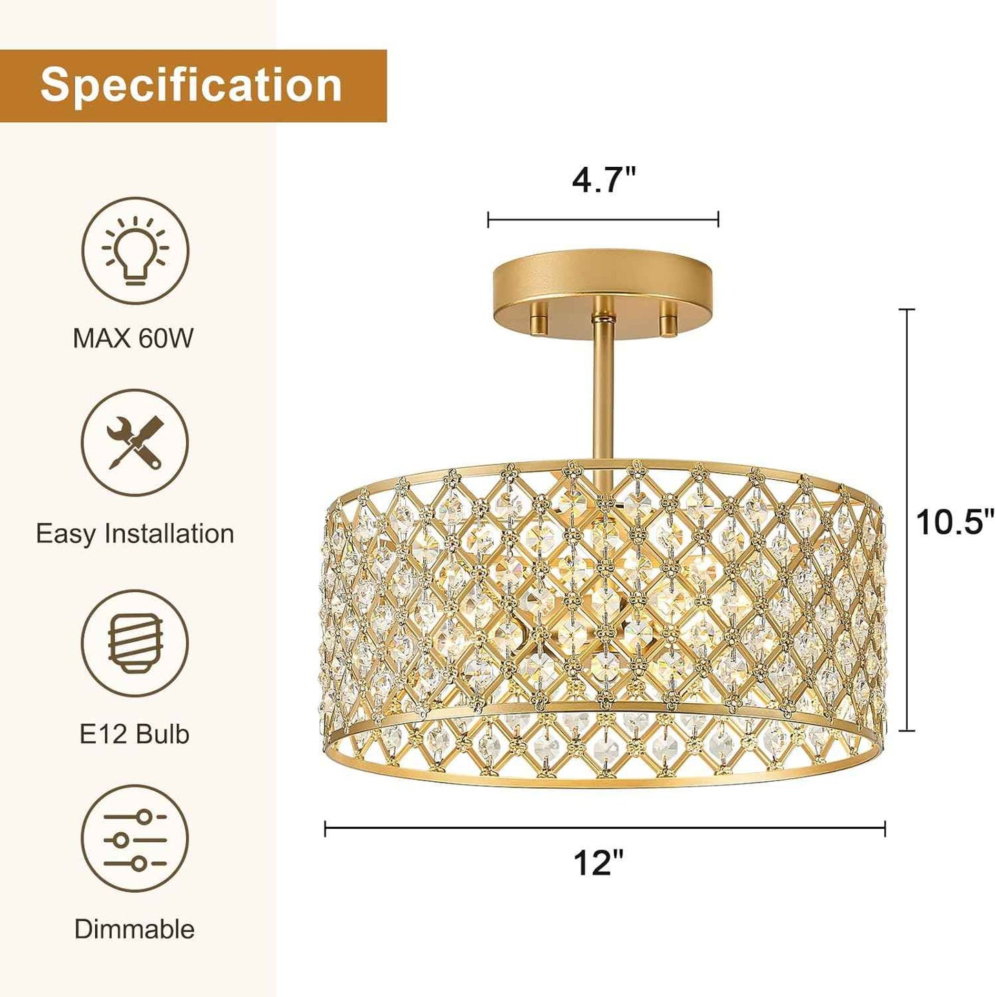Modern Black Crystal Semi Flush Mount Ceiling Light Fixture - 11.2" Round Chandelier for Dining Room, Hallway, Kitchen & Bedroom