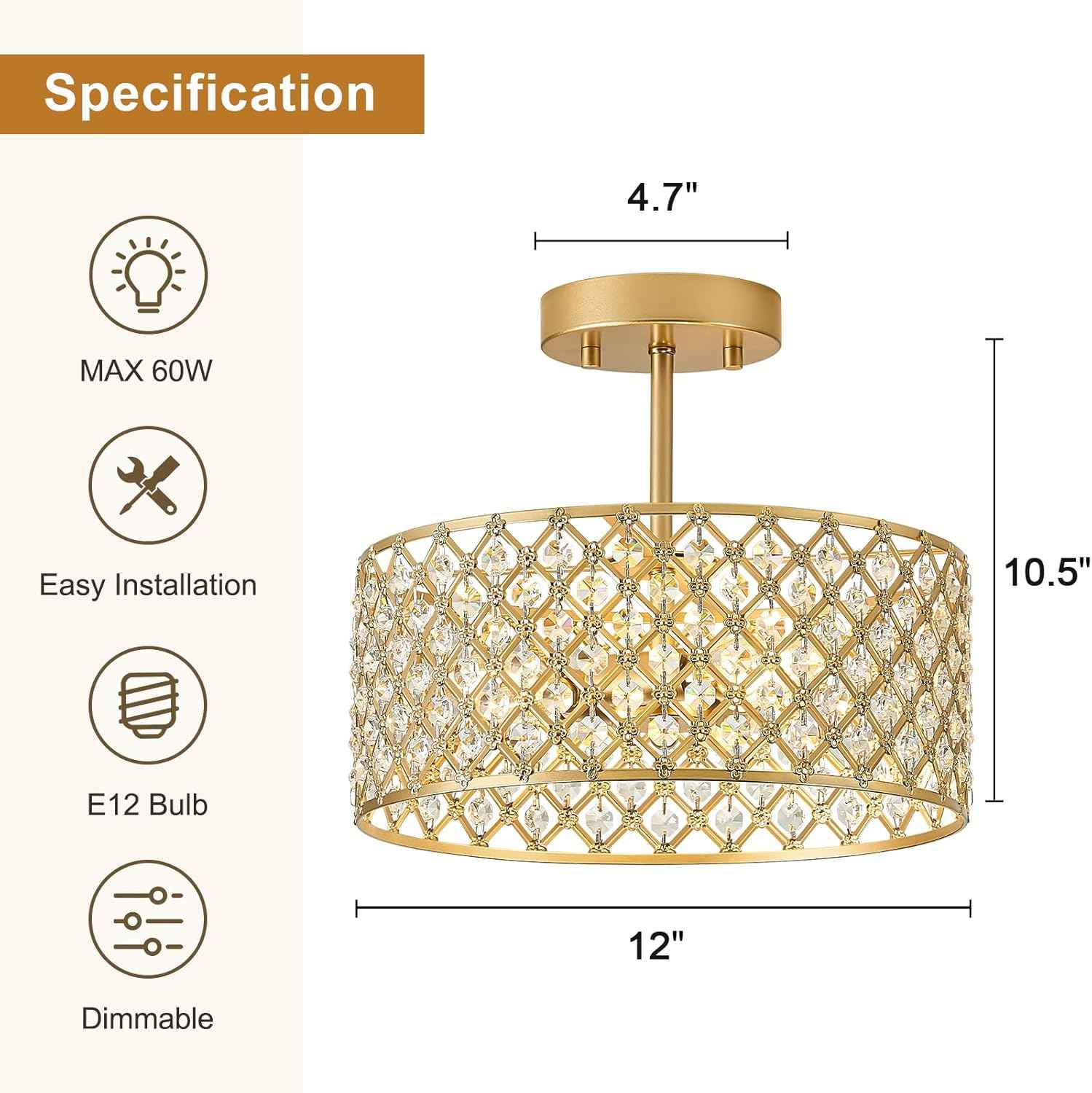Modern Black Crystal Semi Flush Mount Ceiling Light Fixture - 11.2" Round Chandelier for Dining Room, Hallway, Kitchen & Bedroom