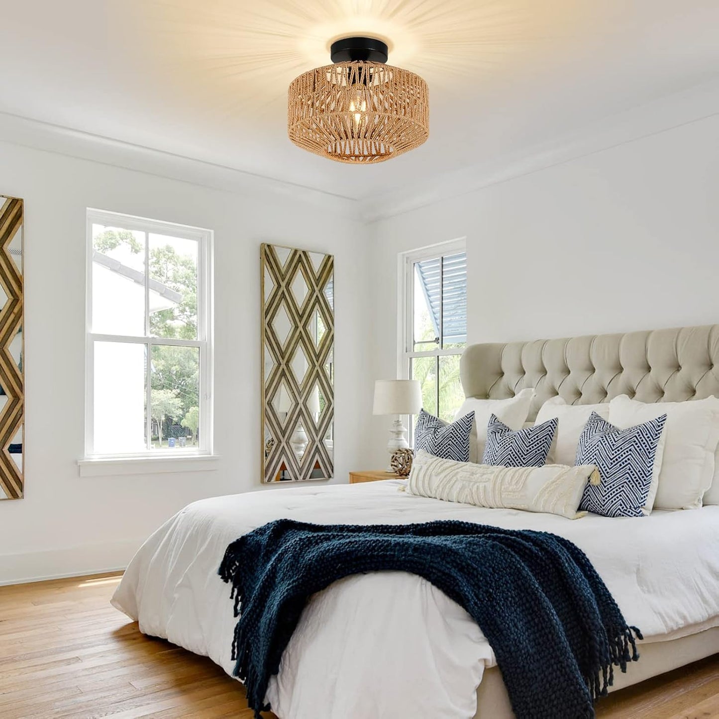 Boho Rattan Chandelier Ceiling Light Fixture with Dimmable LED Bulb - Hand Woven Flush Mount for Hallway, Bedroom, Kitchen & Living Room