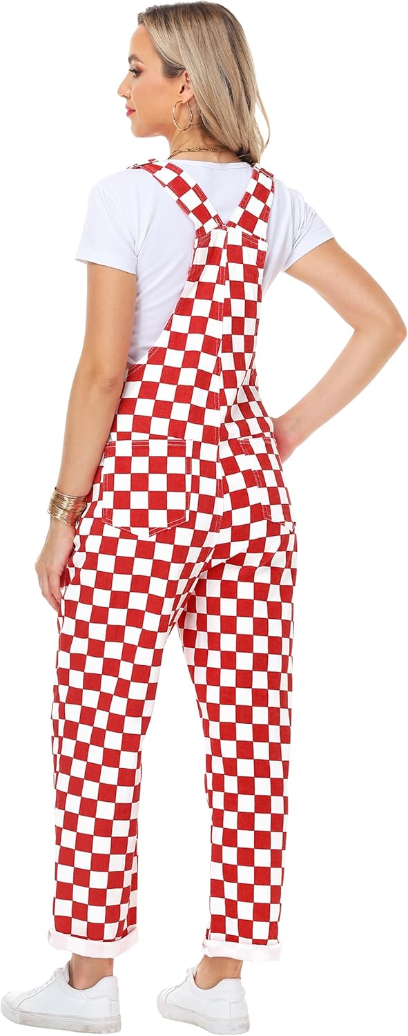 Skiennix Women's Checkered Denim Overalls - Stretchy Cotton Jumpsuit for Comfort & Style