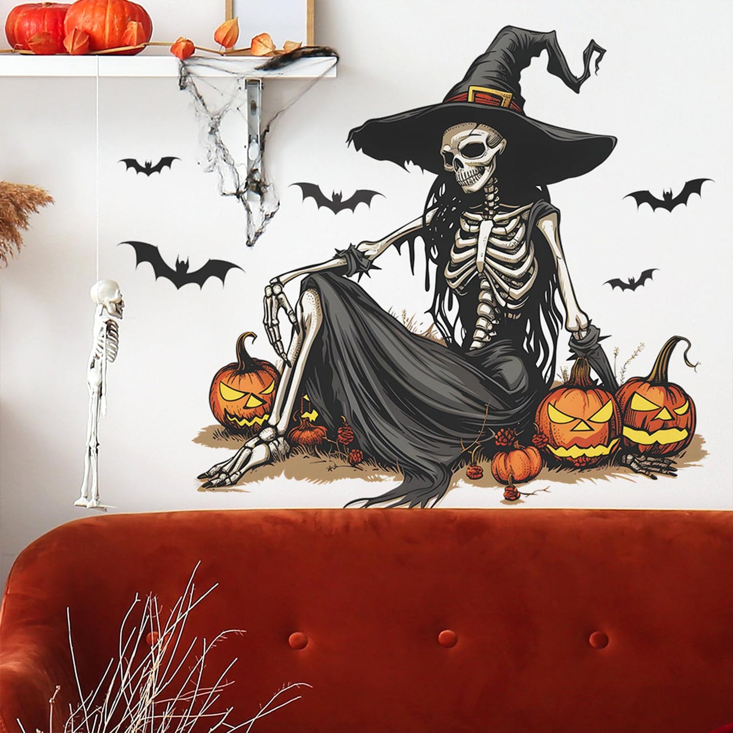 Horror Halloween Witch Skeleton Wall Stickers Decals Evil Bat Pumpkin Wall Clings Decoration for Halloween Party Home Office Classroom Wall DIY Wall Art Stickers Supplies