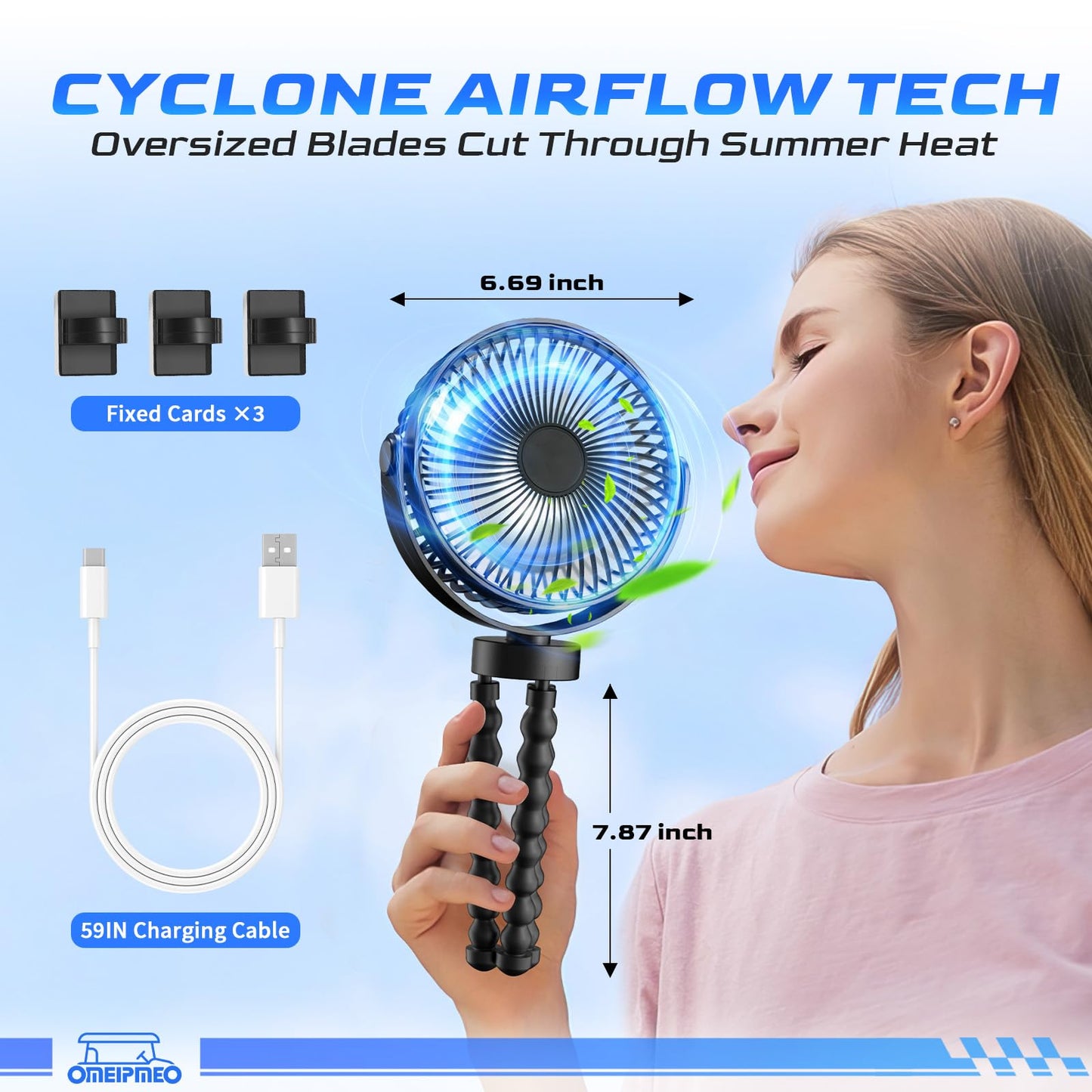 OMEIPMEO Rechargeable Golf Cart Fan, 12000mAh Stroller Fan, Adjustable 4 Speeds, LED Light, Power Bank, 360 Rotation, Portable Clip on Fan with Flexible Tripod for Club Car EZGO YAMAHA