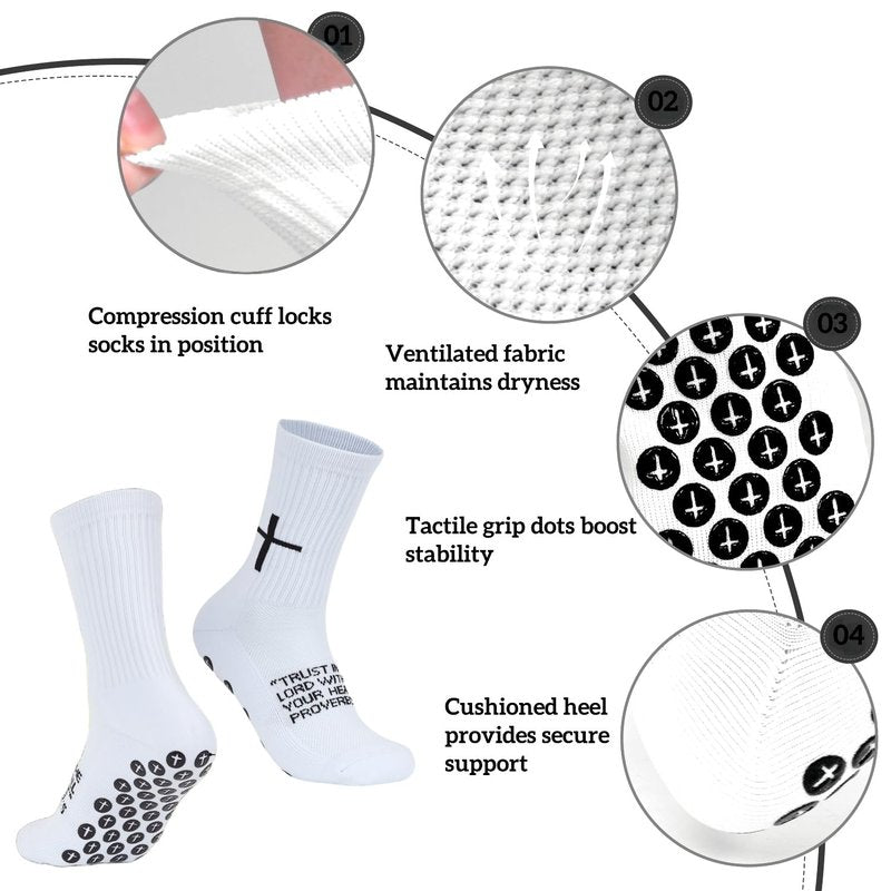 Meudid 3 Pairs Cross Grip Soccer Socks for US 6-13 - Anti-Slip Christian Socks with Bible Verse, Jesus Sports Sock for Football Training White