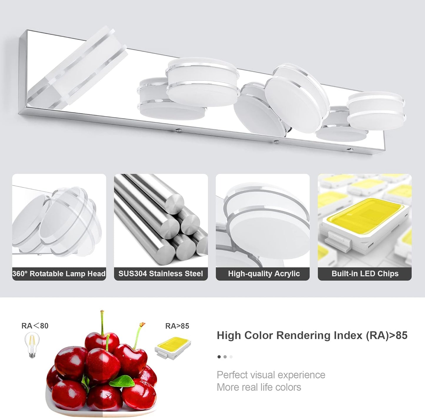 LED Chrome 3-Light Dimmable Bathroom Vanity Light Fixture - Modern Acrylic & Stainless Steel Over Mirror Lighting